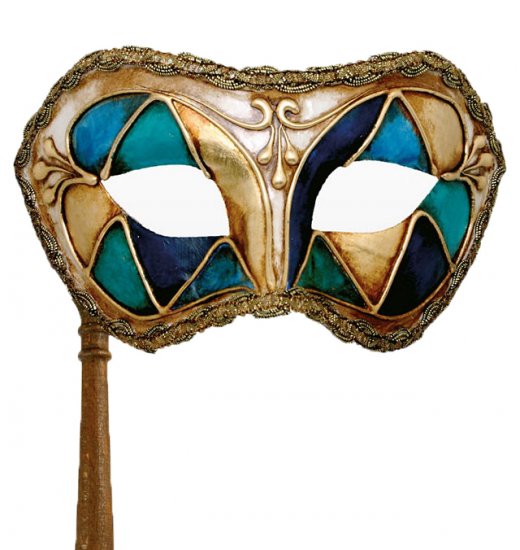 Benátská maska s držátkem arlecchino blu