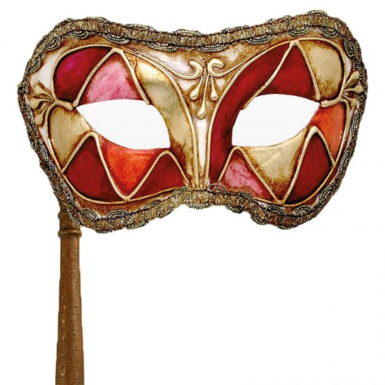Benátská maska s držátkem arlecchino rosso