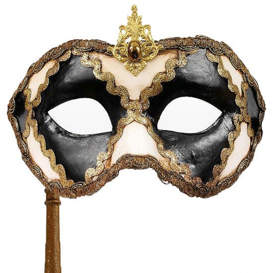 Benátská maska s držátkem bianco nero con bastone
