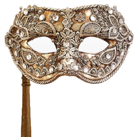 Benátská maska s držátkem macrame argento