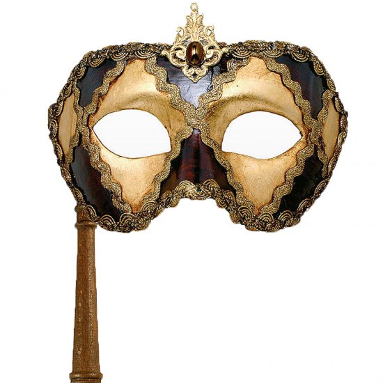 Benátská maska s držátkem scacchi oro cuoio