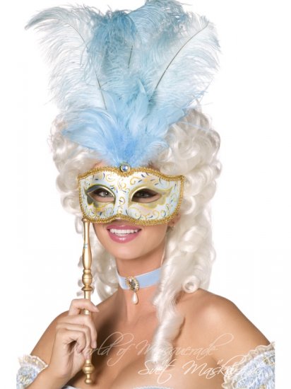 Fever Boutique barokní maska s držátkem modro-zlaté provedení
