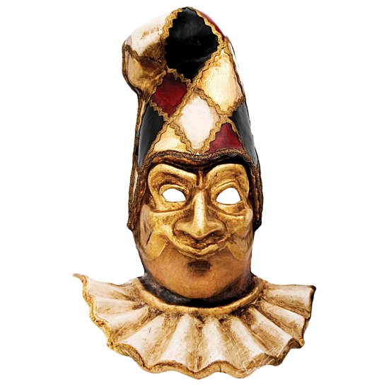 Dekorační benátská maska Pulcinella Oro Con Capello Scacchi